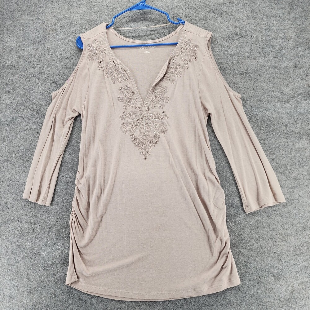 Soft Surroundings Dress Womens Large Short Beige Cold Shoulder V Neck